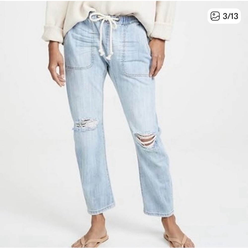 Women’s drawstring distressed pull on pants jeans